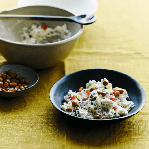 Yogurt Rice With Cucumber, Tomato & Fried Peanuts