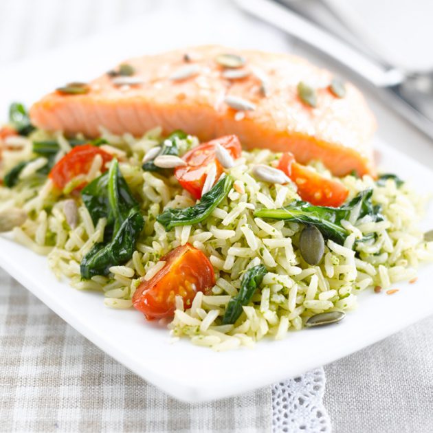 Superfood Rice with Salmon & Spinach Pesto