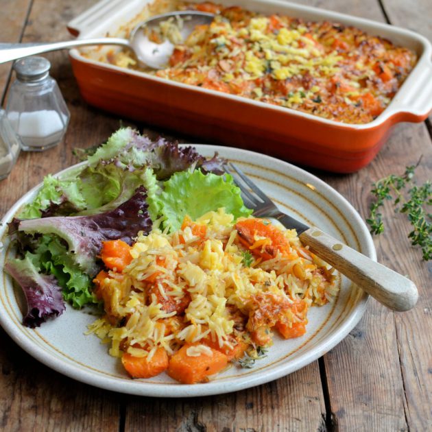Pumpkin, almond and cheese rice bake
