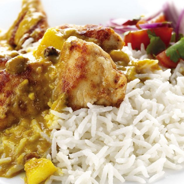 Exquisite Chicken with a Fruit Curry sauce and Coconut Basmati Rice