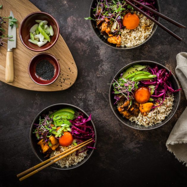 Chicken donburi with soy-cured egg and pickled cabbage
