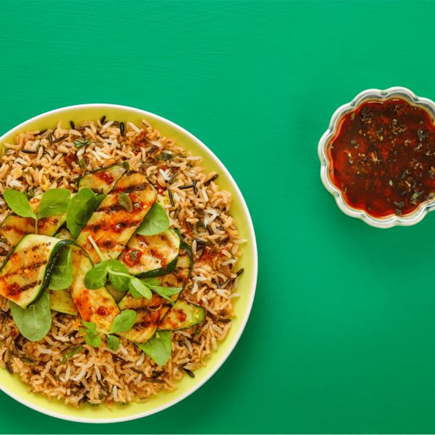 Chargrilled courgette and harissa rice salad