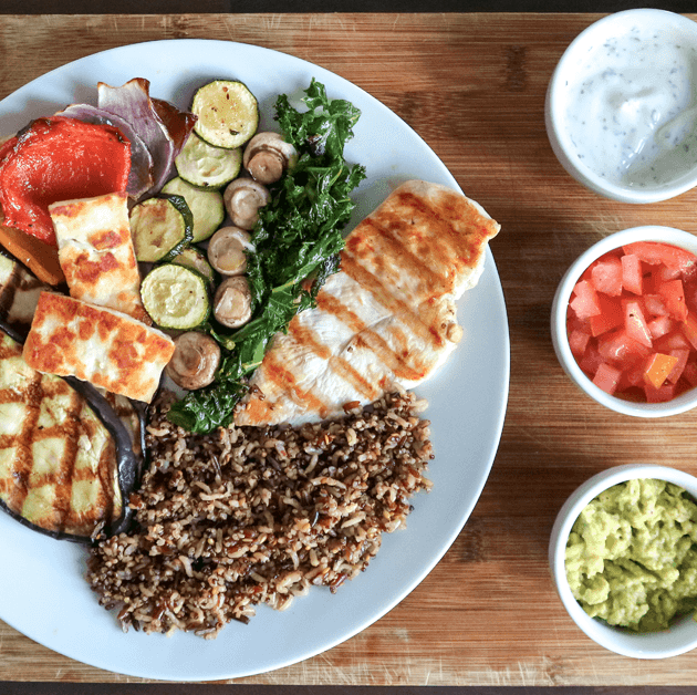 Grilled Chicken & Aubergine with Halloumi & Vegetables