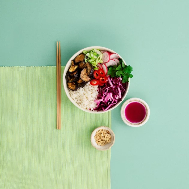 Aubergine Kokoro with pickled cabbage (Rice bowl)