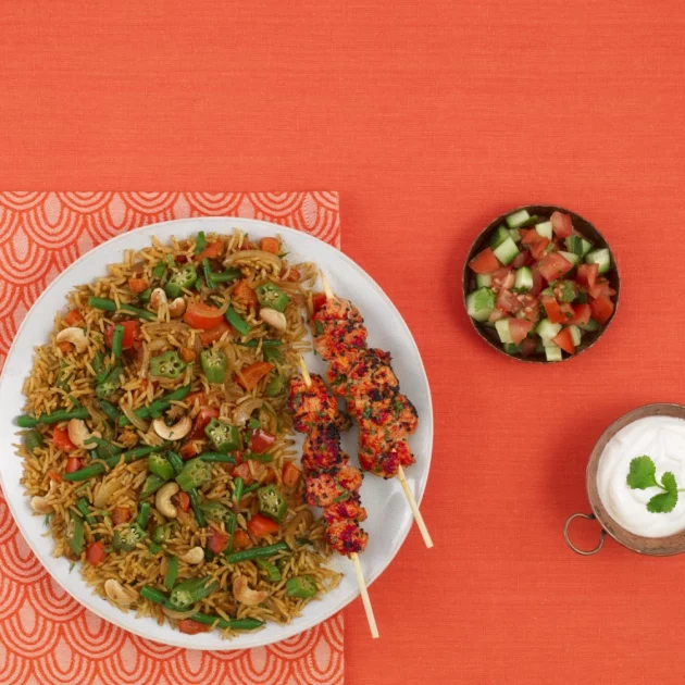 Vegetable Pilaf with Chicken Skewers