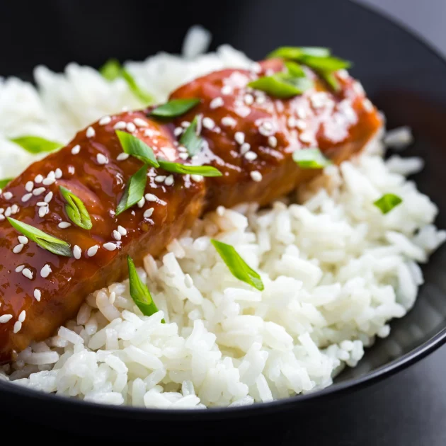 Salmon with sticky sauce and Golden rice
