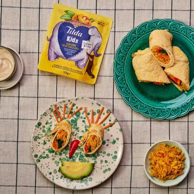 Kids egg rainbow veggie rolls with tahini dipping sauce