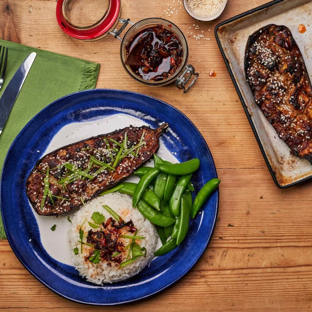 Roasted Miso Aubergine with sugar snap peas & crispy chilli oil
