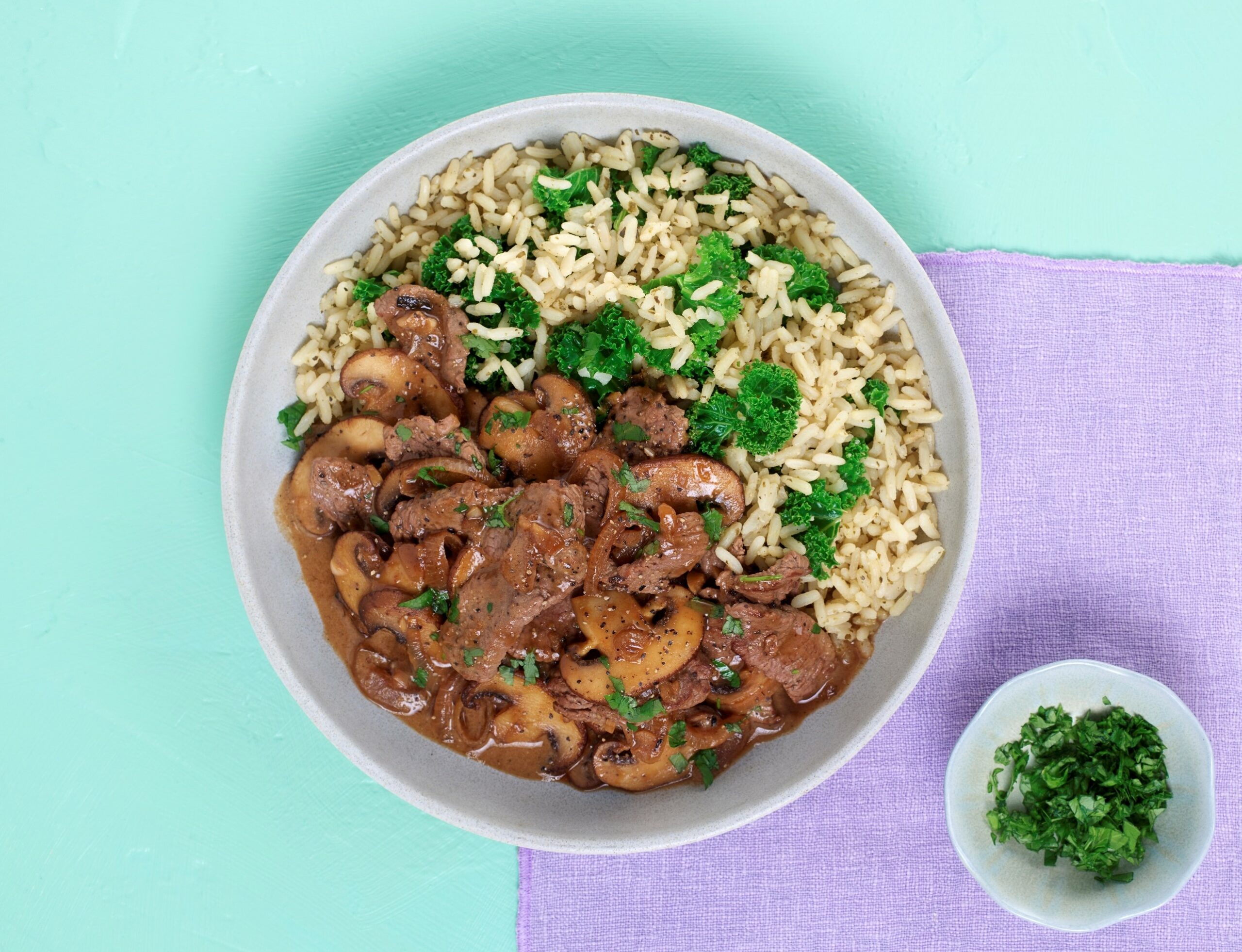 Beef stroganoff with kale, garlic and herbs rice Recipe - Tilda