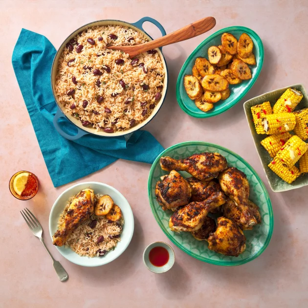 Rice & Peas with Jerk Chicken and Fried Plantain