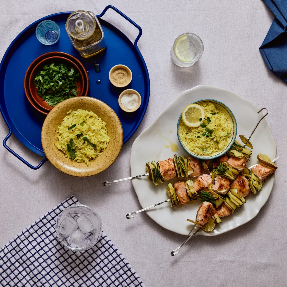 Salmon + Courgette Kebabs with Coconut Yoghurt Dip