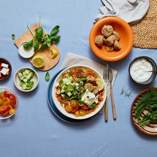 Herby Chicken Meat Balls with Tomato and Basil Rice