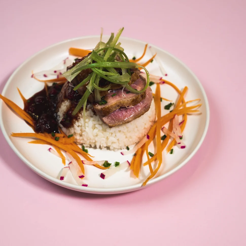 Sticky Rice with Pan-Fried Duck Breast, Hoisin & Mixed Berry Compote