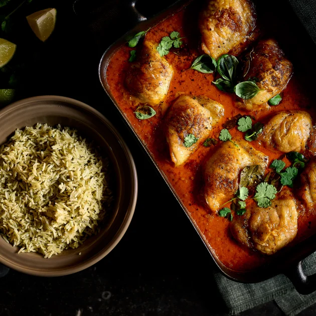 Poulet rôti au curry rouge avec du riz basmati au citron vert et à la coriandre