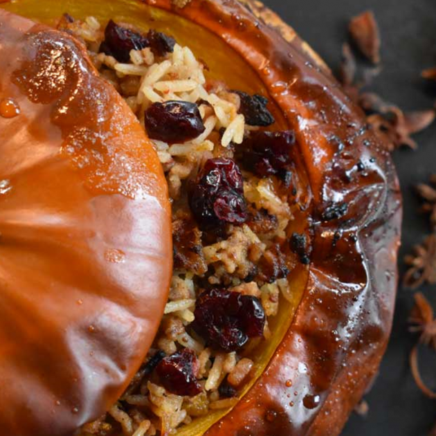 Honey-Glazed Pumpkins stuffed with Cranberry-Chilli Lamb Rice