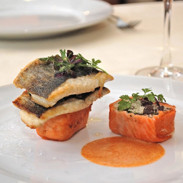 Pan-fried Sea Bass on Smoked Salmon
