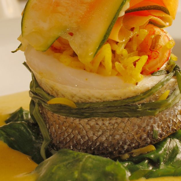 Paupiette of Sea Bass with a Korma Flavoured Basmati & Crayfish Stuffing