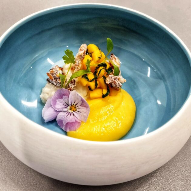 Sweet Coconut and Stem Ginger Rice with Mango Puree