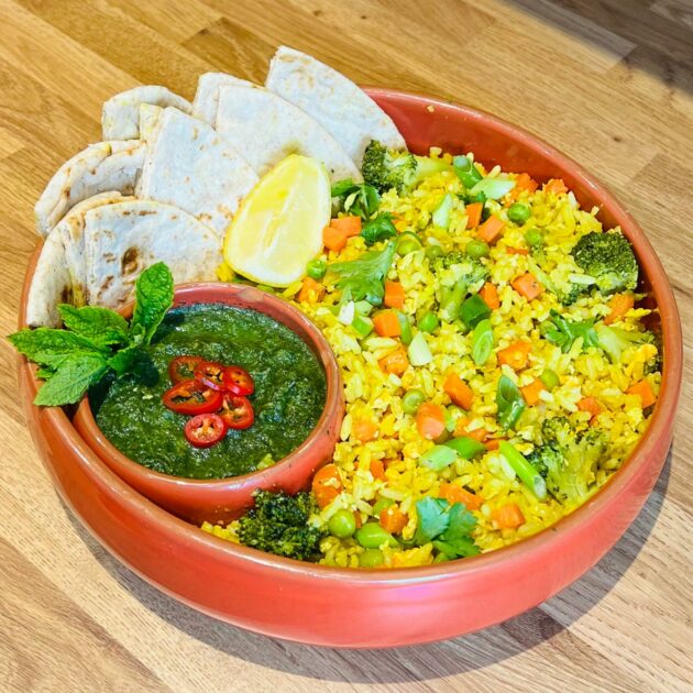 Curried Veg Fried Rice With Coriander and Mint Chutney
