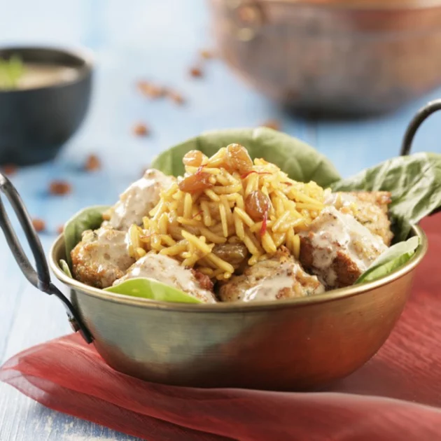 Arroz Basmati con albóndigas y pasas