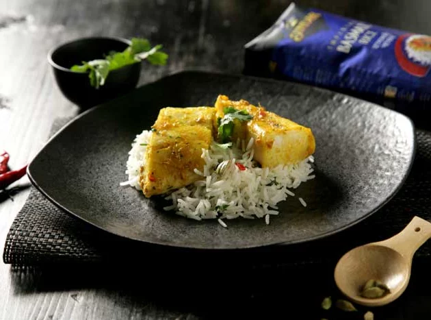 Perca macerada con arroz basmati