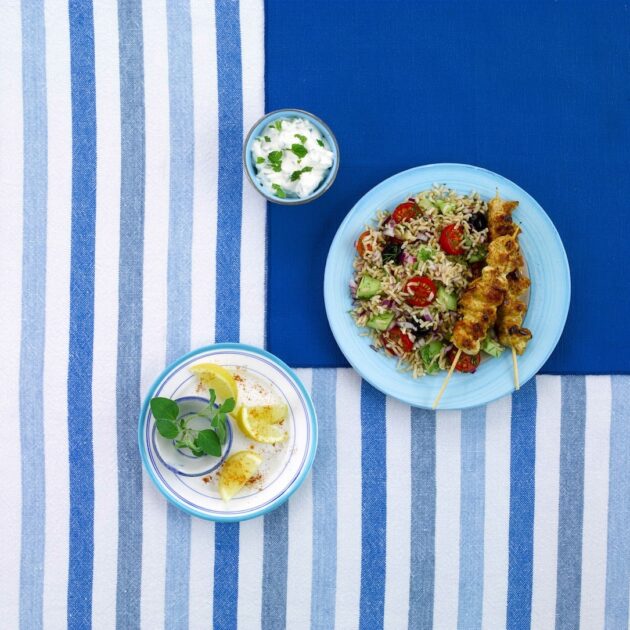 Barbecued Chicken Souvlaki with Greek Rice Salad